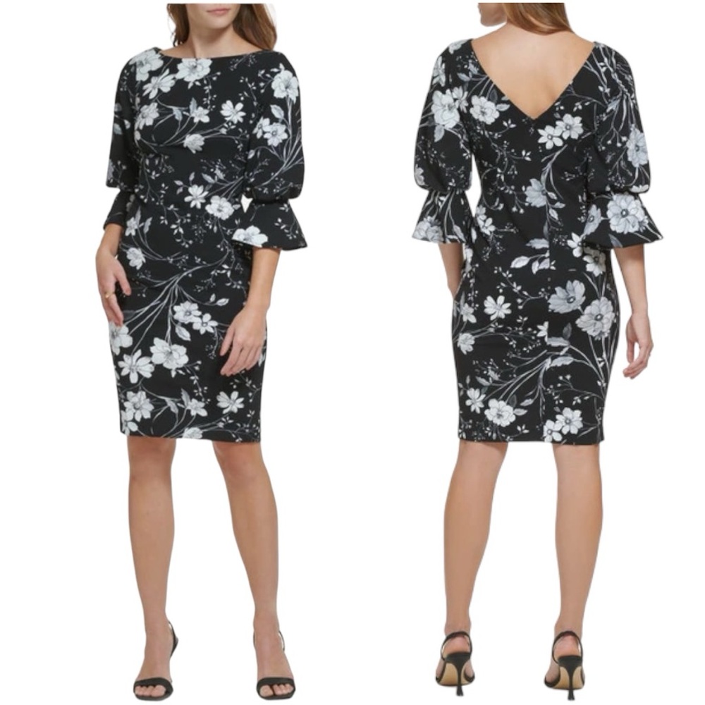 New Calvin Klein Floral‎ Bell Cuff Sheath Dress In Black/Cream Size 8